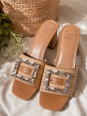 A New Day Raffia Crystal Buckle Block Heel Mule Sandals Size 11 NWT